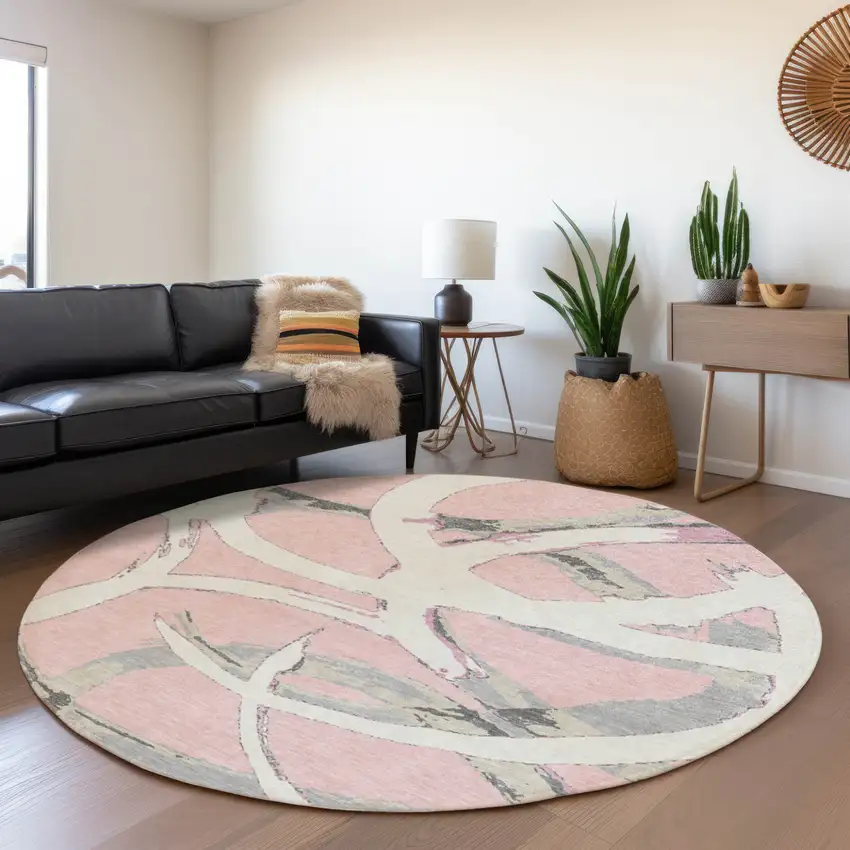 8' Pink Ivory And Gray Round Abstract Washable Indoor Outdoor Area Rug Photo 8