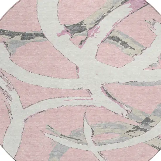8' Pink Ivory And Gray Round Abstract Washable Indoor Outdoor Area Rug Photo 4