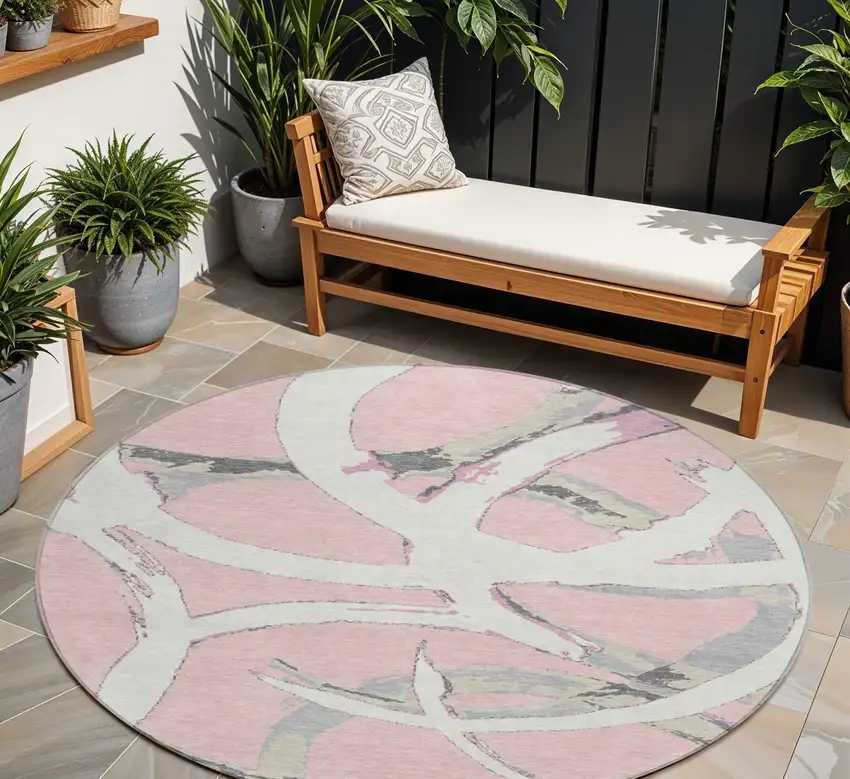 8' Pink Ivory And Gray Round Abstract Washable Indoor Outdoor Area Rug Photo 1