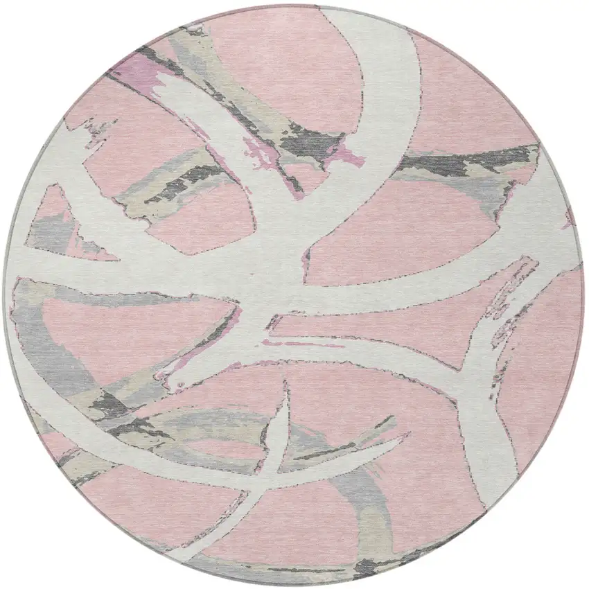8' Pink Ivory And Gray Round Abstract Washable Indoor Outdoor Area Rug Photo 6