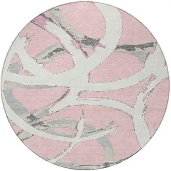8' Pink Ivory And Gray Round Abstract Washable Indoor Outdoor Area Rug Photo 6