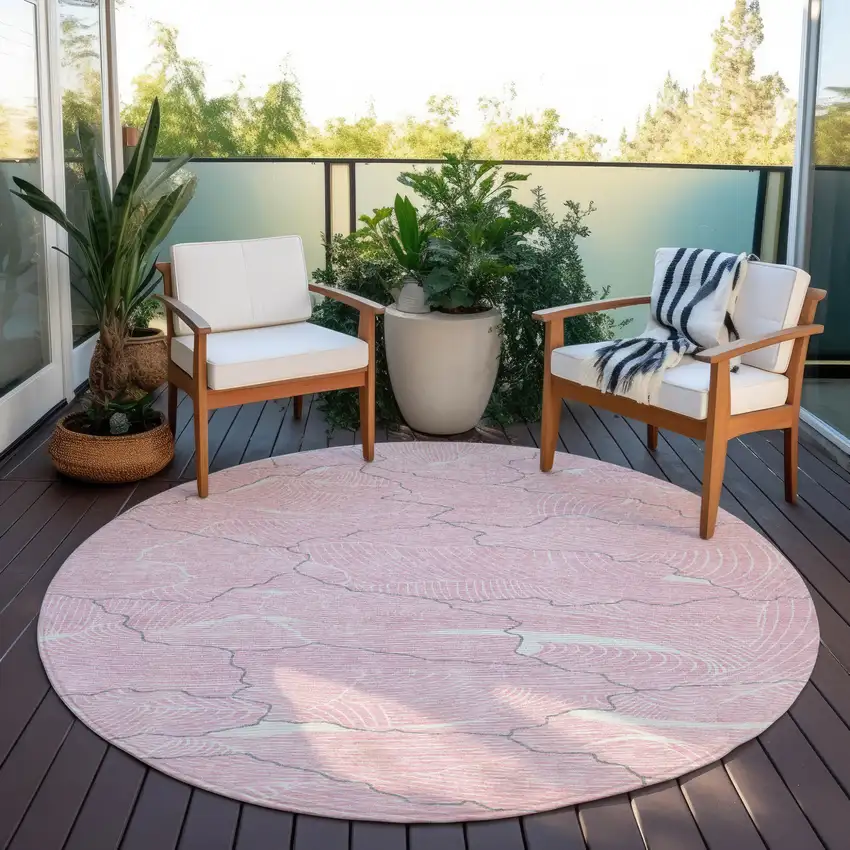 8' Pink Ivory And Gray Round Abstract Washable Indoor Outdoor Area Rug Photo 7