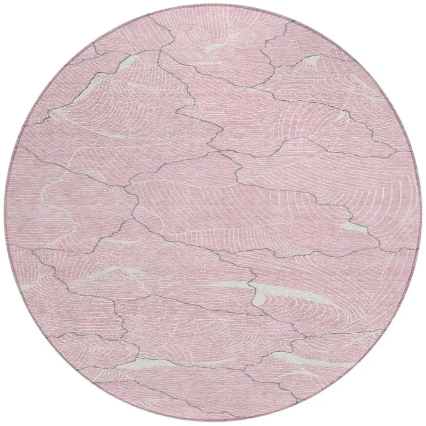 8' Pink Ivory And Gray Round Abstract Washable Indoor Outdoor Area Rug Photo 6