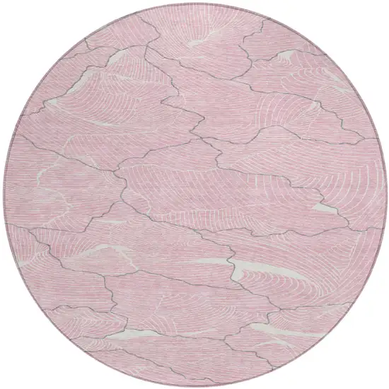 8' Pink Ivory And Gray Round Abstract Washable Indoor Outdoor Area Rug Photo 2