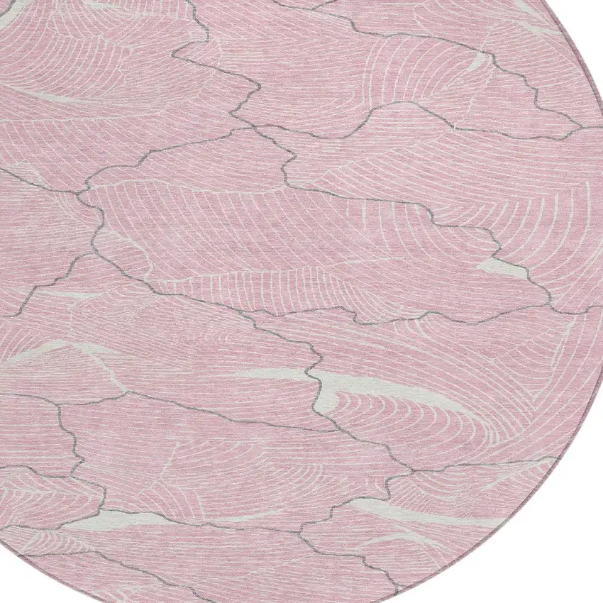 8' Pink Ivory And Gray Round Abstract Washable Indoor Outdoor Area Rug Photo 5