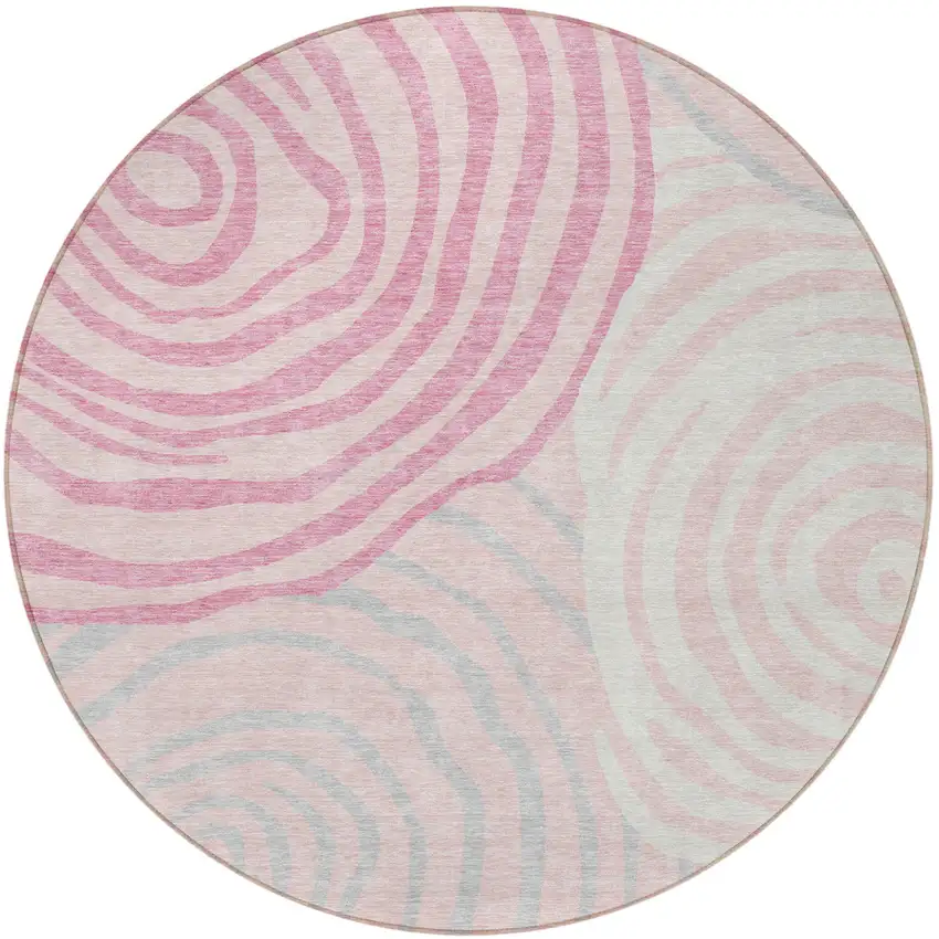 8' Pink Ivory And Gray Round Abstract Washable Indoor Outdoor Area Rug Photo 5
