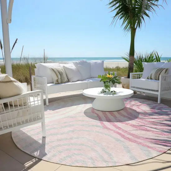 8' Pink Ivory And Gray Round Abstract Washable Indoor Outdoor Area Rug Photo 6
