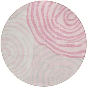 Photo of 8' Pink Ivory And Gray Round Abstract Washable Indoor Outdoor Area Rug