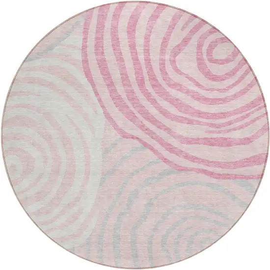 8' Pink Ivory And Gray Round Abstract Washable Indoor Outdoor Area Rug Photo 1