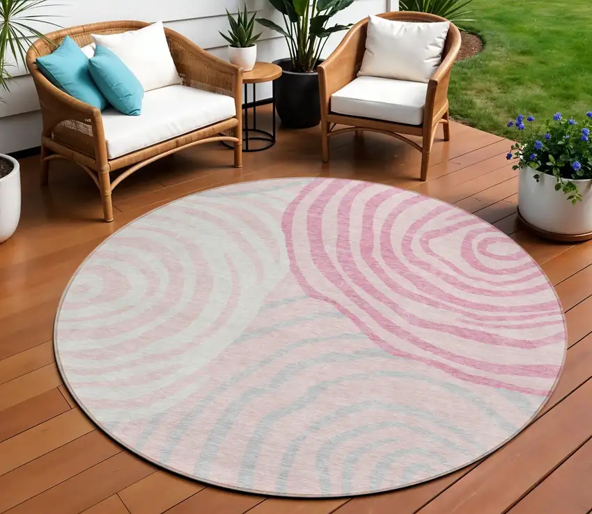 8' Pink Ivory And Gray Round Abstract Washable Indoor Outdoor Area Rug Photo 1
