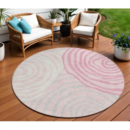 8' Pink Ivory And Gray Round Abstract Washable Indoor Outdoor Area Rug Photo 1
