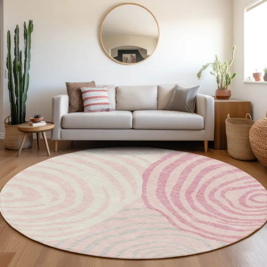8' Pink Ivory And Gray Round Abstract Washable Indoor Outdoor Area Rug Photo 7