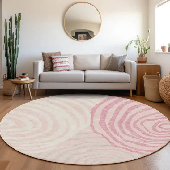 8' Pink Ivory And Gray Round Abstract Washable Indoor Outdoor Area Rug Photo 7