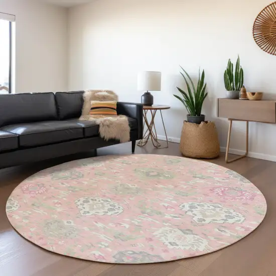 8' Pink Ivory And Gray Round Damask Washable Indoor Outdoor Area Rug Photo 7