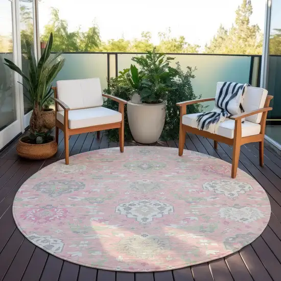 8' Pink Ivory And Gray Round Damask Washable Indoor Outdoor Area Rug Photo 6