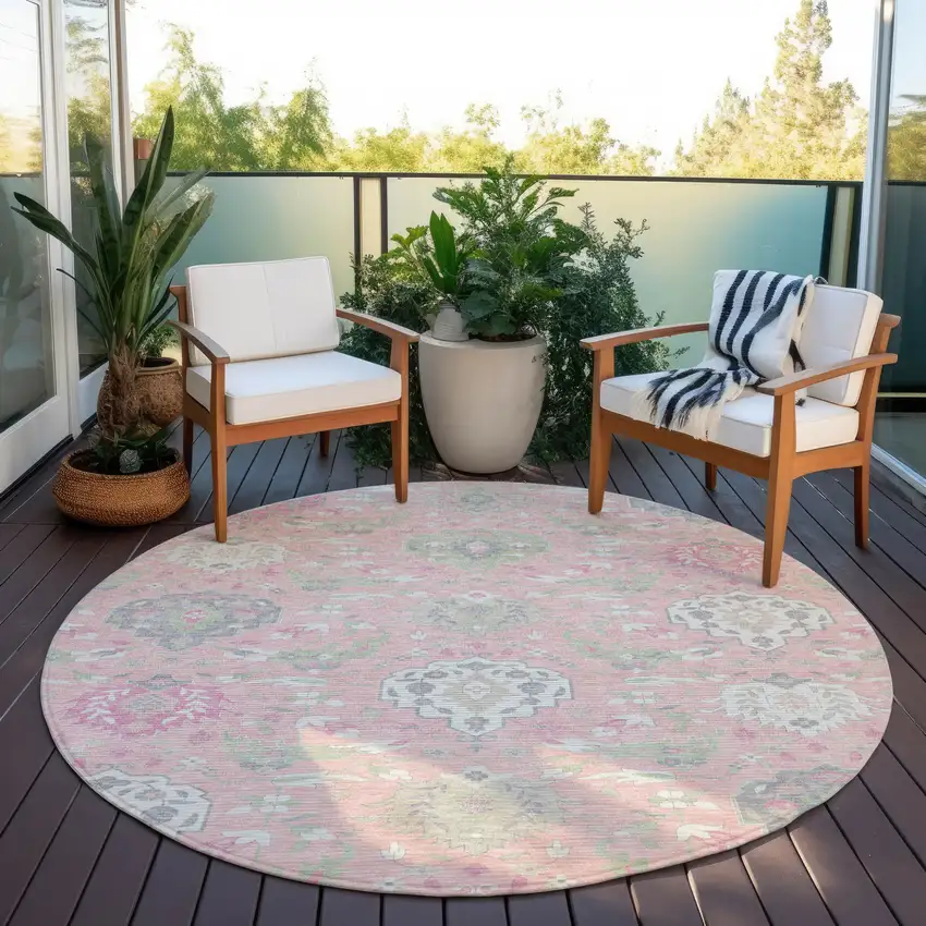 8' Pink Ivory And Gray Round Damask Washable Indoor Outdoor Area Rug Photo 6