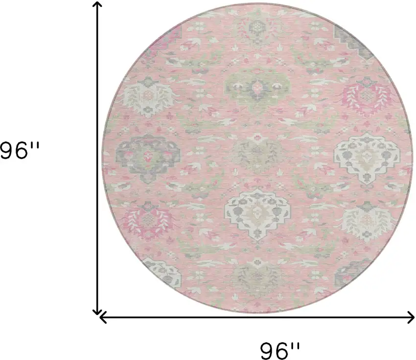 8' Pink Ivory And Gray Round Damask Washable Indoor Outdoor Area Rug Photo 3