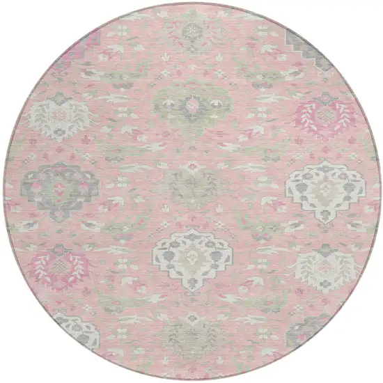 8' Pink Ivory And Gray Round Damask Washable Indoor Outdoor Area Rug Photo 2
