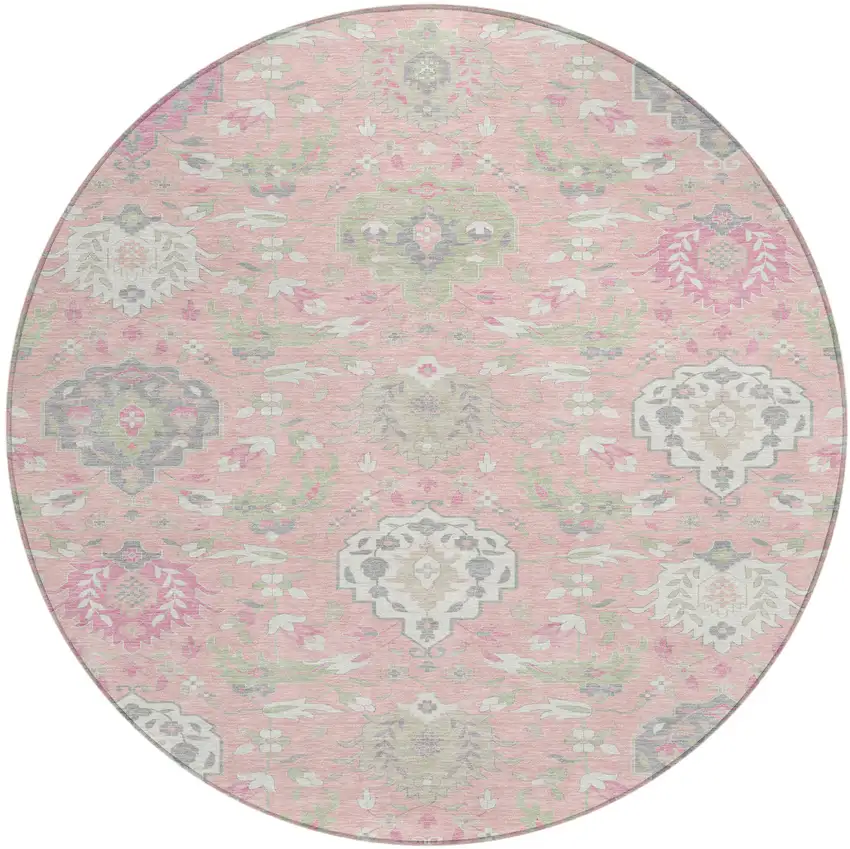 8' Pink Ivory And Gray Round Damask Washable Indoor Outdoor Area Rug Photo 2