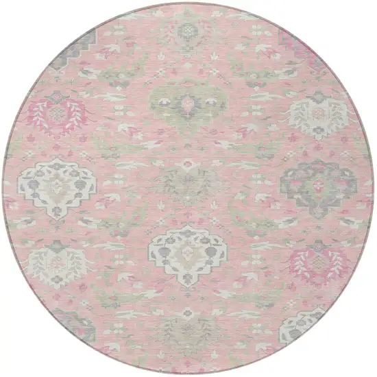 8' Pink Ivory And Gray Round Damask Washable Indoor Outdoor Area Rug Photo 5