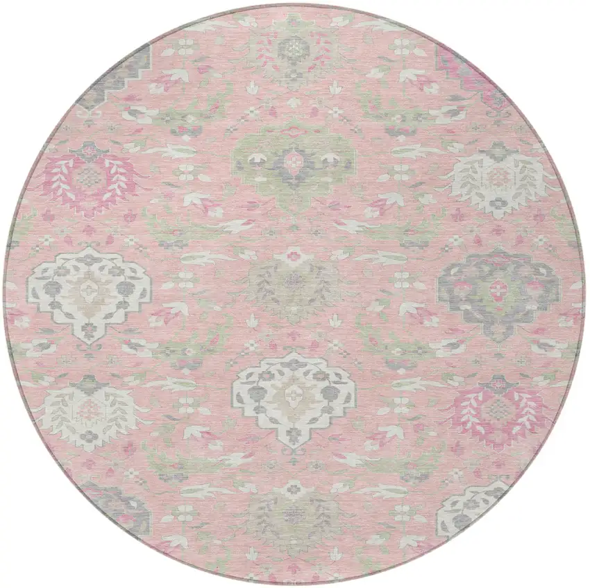 8' Pink Ivory And Gray Round Damask Washable Indoor Outdoor Area Rug Photo 5