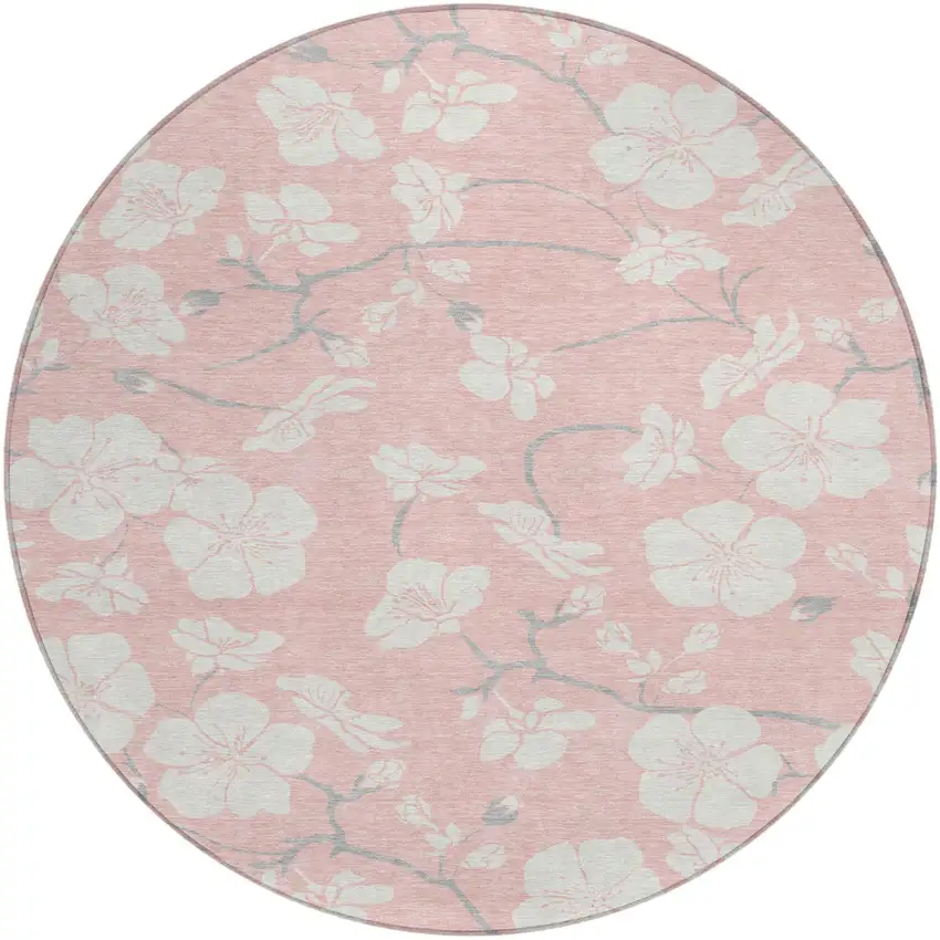 8' Pink Ivory And Gray Round Floral Washable Indoor Outdoor Area Rug Photo 2