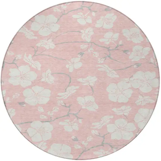 8' Pink Ivory And Gray Round Floral Washable Indoor Outdoor Area Rug Photo 5