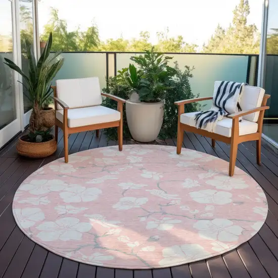 8' Pink Ivory And Gray Round Floral Washable Indoor Outdoor Area Rug Photo 6