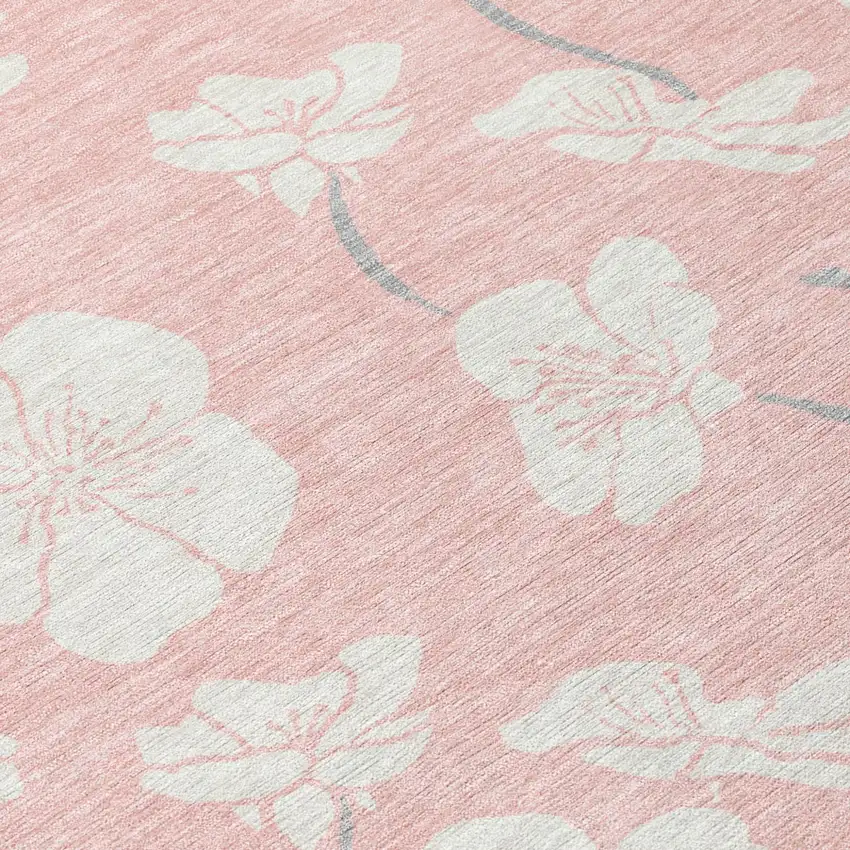 8' Pink Ivory And Gray Round Floral Washable Indoor Outdoor Area Rug Photo 3
