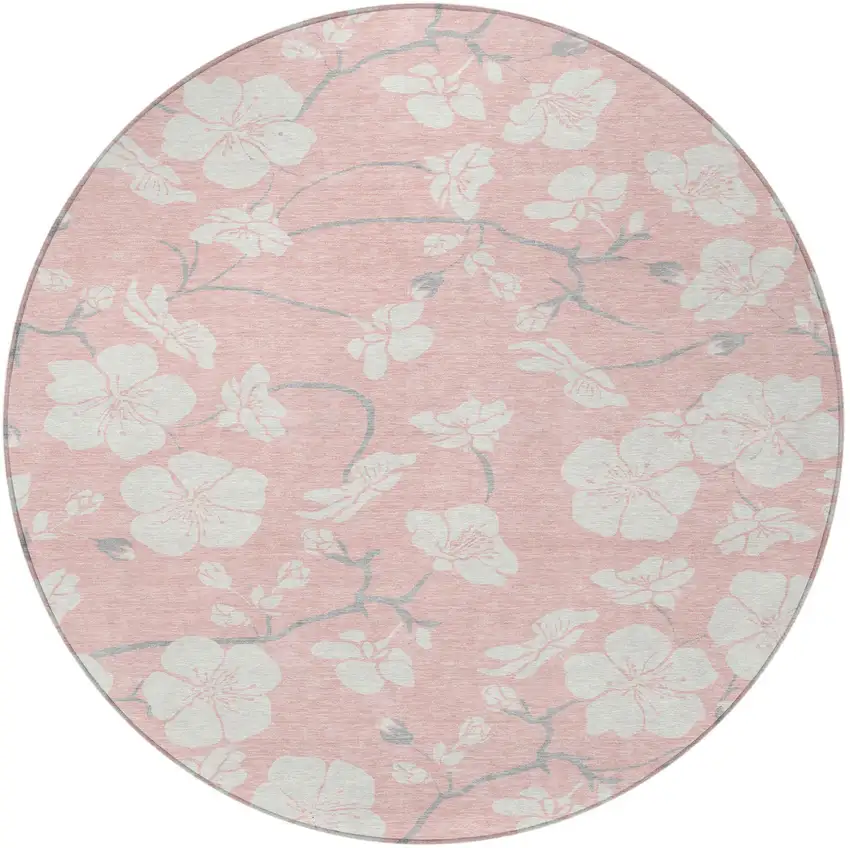 8' Pink Ivory And Gray Round Floral Washable Indoor Outdoor Area Rug Photo 4