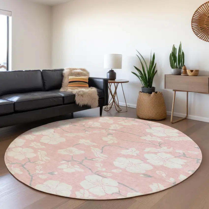 8' Pink Ivory And Gray Round Floral Washable Indoor Outdoor Area Rug Photo 7