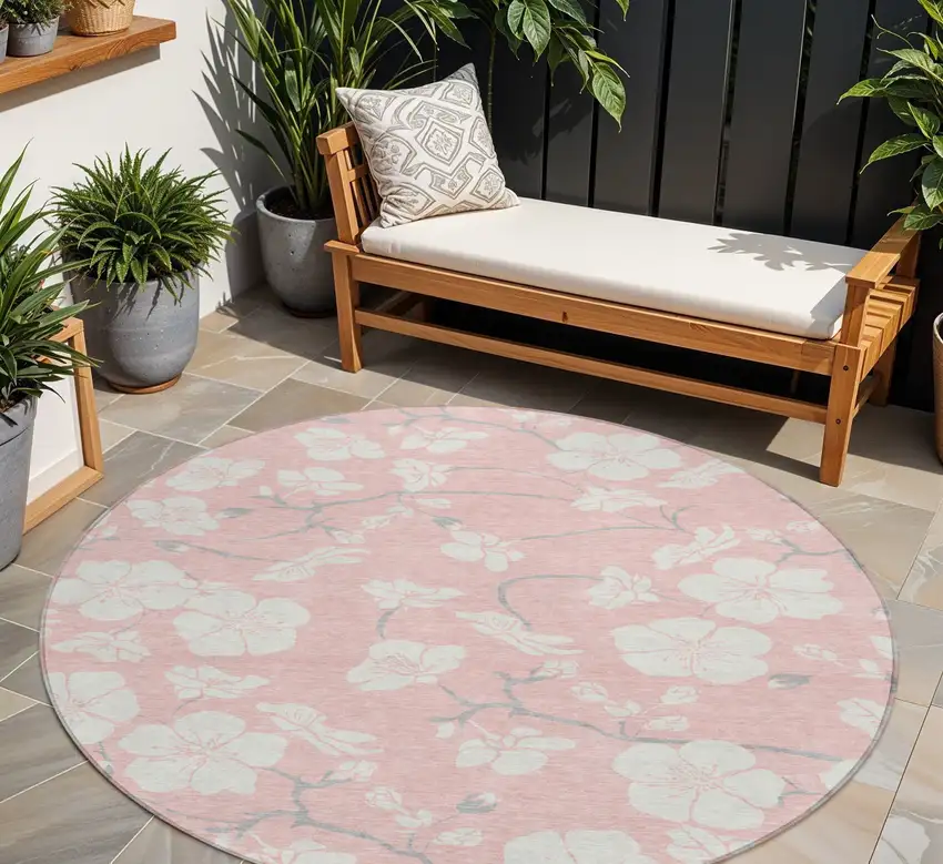 8' Pink Ivory And Gray Round Floral Washable Indoor Outdoor Area Rug Photo 1