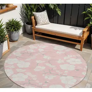 Photo of 8' Pink Ivory And Gray Round Floral Washable Indoor Outdoor Area Rug