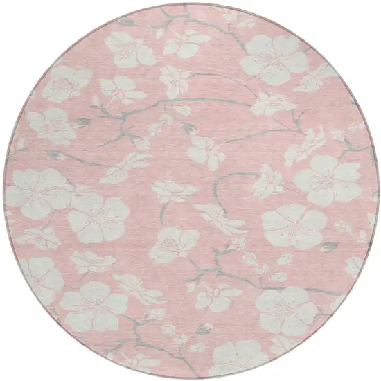 8' Pink Ivory And Gray Round Floral Washable Indoor Outdoor Area Rug Photo 2