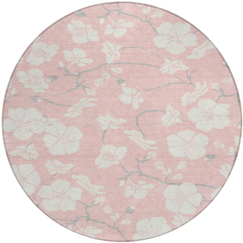 8' Pink Ivory And Gray Round Floral Washable Indoor Outdoor Area Rug Photo 2