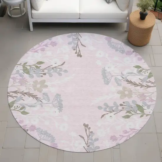8' Pink Ivory And Gray Round Floral Washable Indoor Outdoor Area Rug Photo 8