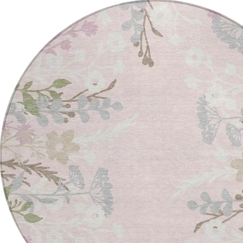 8' Pink Ivory And Gray Round Floral Washable Indoor Outdoor Area Rug Photo 7