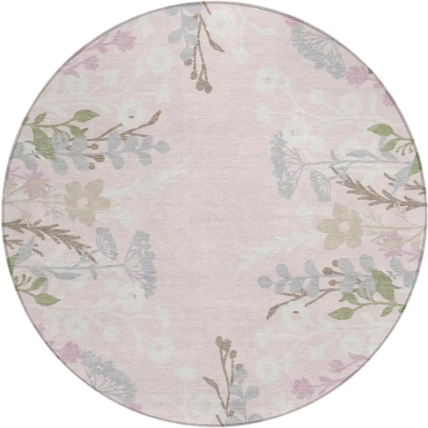 8' Pink Ivory And Gray Round Floral Washable Indoor Outdoor Area Rug Photo 2