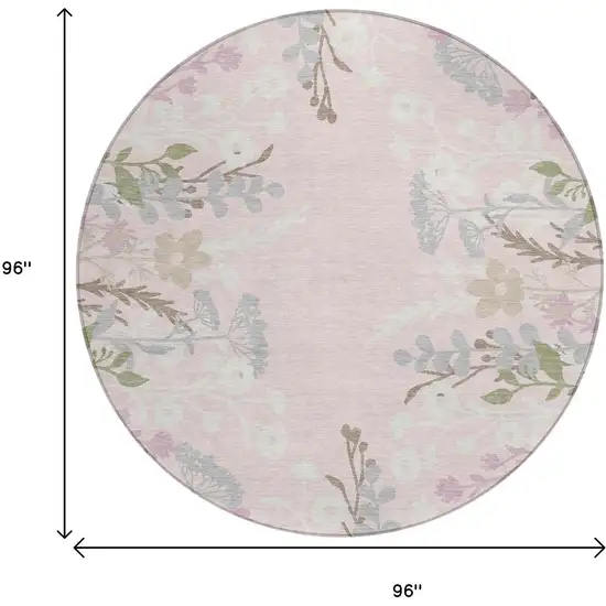 8' Pink Ivory And Gray Round Floral Washable Indoor Outdoor Area Rug Photo 3