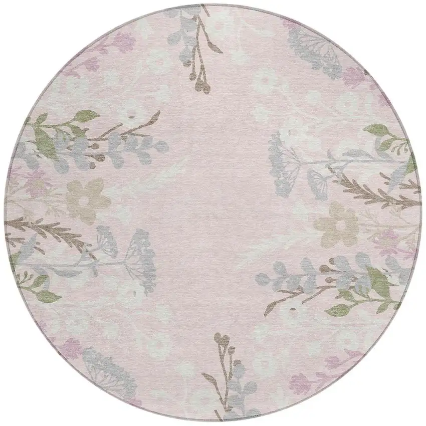 8' Pink Ivory And Gray Round Floral Washable Indoor Outdoor Area Rug Photo 4