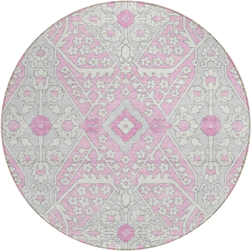 8' Pink Ivory And Gray Round Floral Washable Indoor Outdoor Area Rug Photo 2