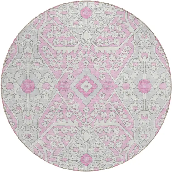 8' Pink Ivory And Gray Round Floral Washable Indoor Outdoor Area Rug Photo 2