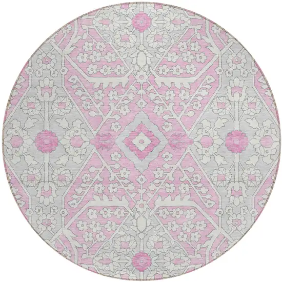 8' Pink Ivory And Gray Round Floral Washable Indoor Outdoor Area Rug Photo 2