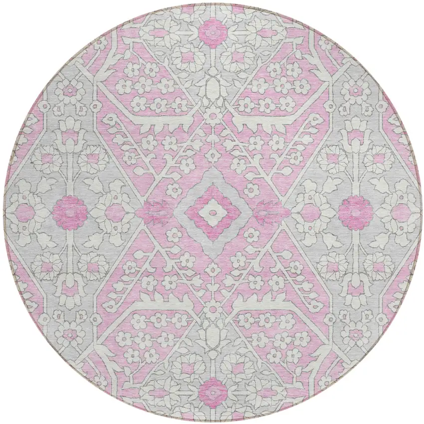 8' Pink Ivory And Gray Round Floral Washable Indoor Outdoor Area Rug Photo 2