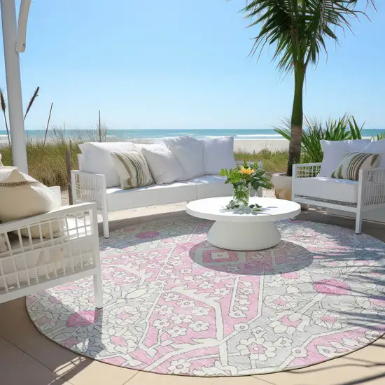 8' Pink Ivory And Gray Round Floral Washable Indoor Outdoor Area Rug Photo 9