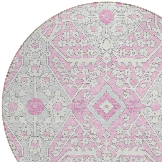 8' Pink Ivory And Gray Round Floral Washable Indoor Outdoor Area Rug Photo 7