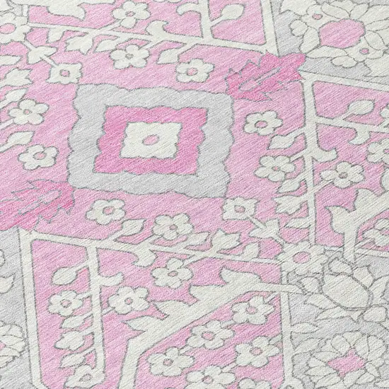 8' Pink Ivory And Gray Round Floral Washable Indoor Outdoor Area Rug Photo 6
