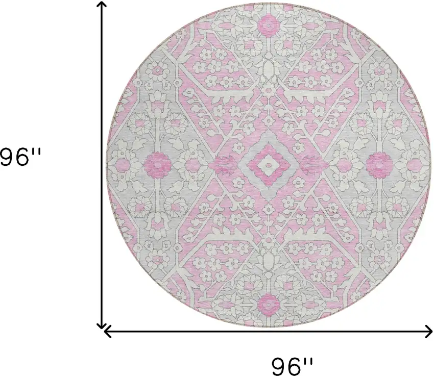 8' Pink Ivory And Gray Round Floral Washable Indoor Outdoor Area Rug Photo 3