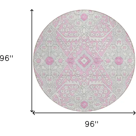 8' Pink Ivory And Gray Round Floral Washable Indoor Outdoor Area Rug Photo 3