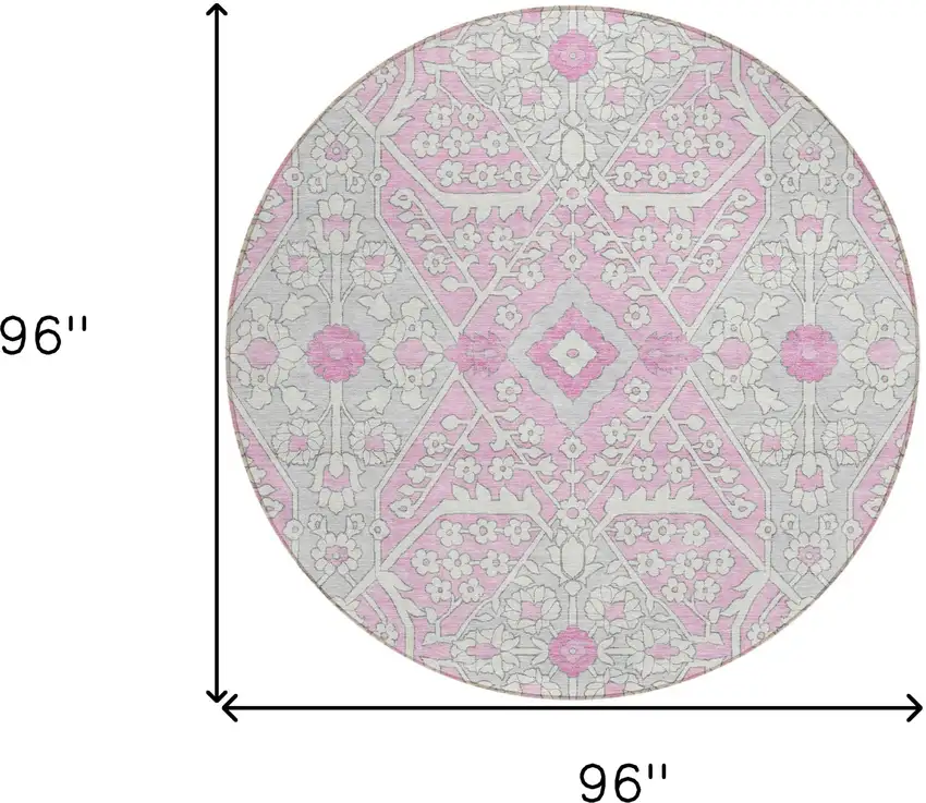 8' Pink Ivory And Gray Round Floral Washable Indoor Outdoor Area Rug Photo 3